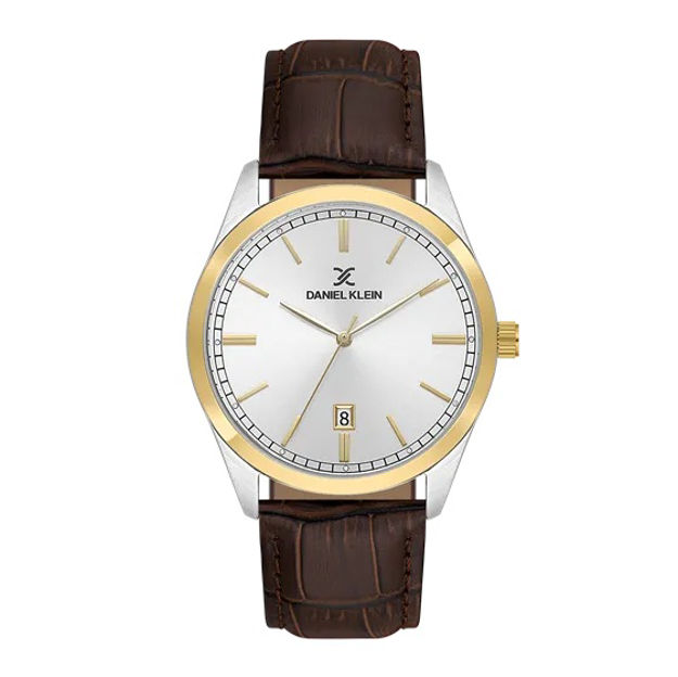 Daniel Klein Premium herreur tofarget med sølv skive & brun skinn reim 5 ATM  42mm