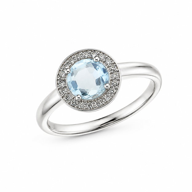 Hvitt gull ring med diamanter 0,16ct TW/SI og lyseblå topas