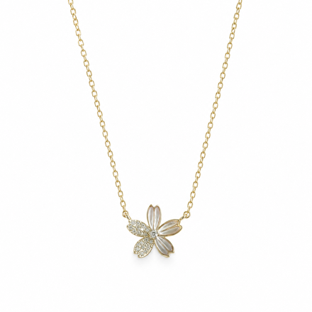 Forgylt sølv halssmykke hvit blomst 11mm med zirconer 38+4cm