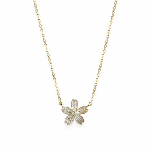 Forgylt sølv halssmykke hvit blomst 11mm med zirconer 38+4cm
