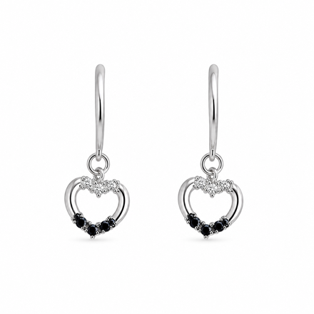 Rhodinert sølv øreheng hjerter med cubic zirconia og sorte zirconer
