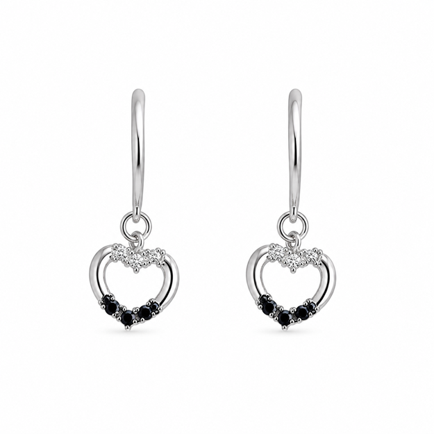 Rhodinert sølv øreheng hjerter med cubic zirconia og sorte zirconer