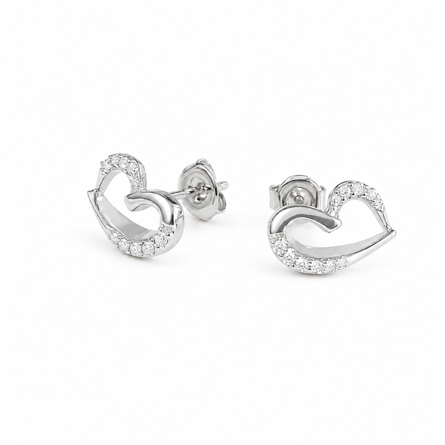 Rhodinert sølv ørepynt åpent hjerte med cubic zirconia
