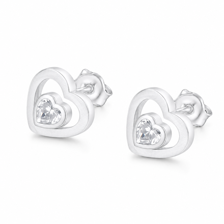 Rhodinert sølv ørepynt hjerte med cubic zirconia/børstet