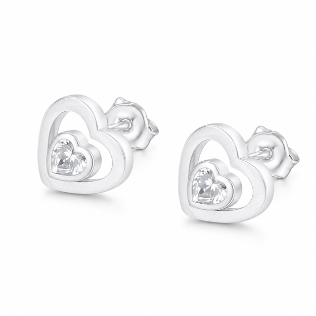 Rhodinert sølv ørepynt hjerte med cubic zirconia/børstet