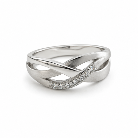 Rhodinert sølv ring med flettede buer glatt/matt/cubic zirconia