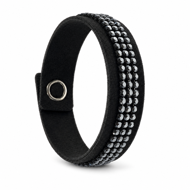 Armbånd sort stoff m/3r sorte krystaller 16mm 18cm