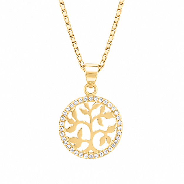 Forgylt sølv halssmykke livets tre med Cubic Zirconia, diameter 14mm