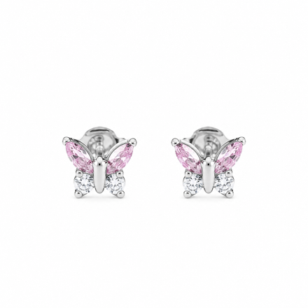 Rhodinert sølv øredobber sommerfugl med blanke & rosa zirconer 6x7mm
