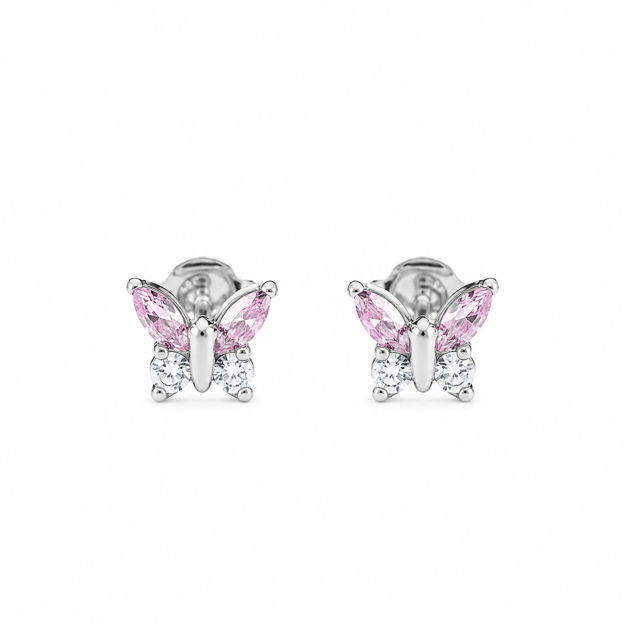 Rhodinert sølv øredobber sommerfugl med blanke & rosa zirconer 6x7mm