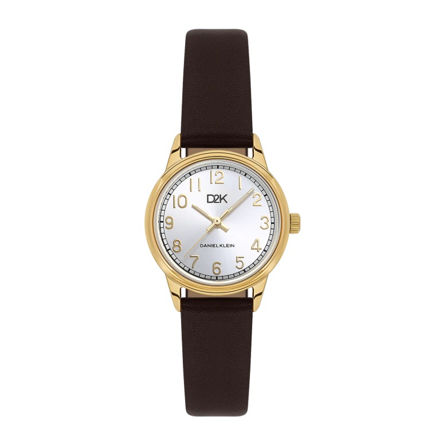 Daniel Klein D2K dameur i forgylt stål med sølv skive og svart rem, 3 ATM 28mm