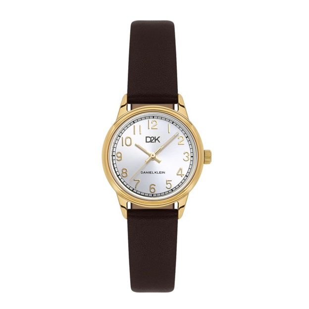 Daniel Klein D2K dameur i forgylt stål med sølv skive og svart rem, 3 ATM 28mm