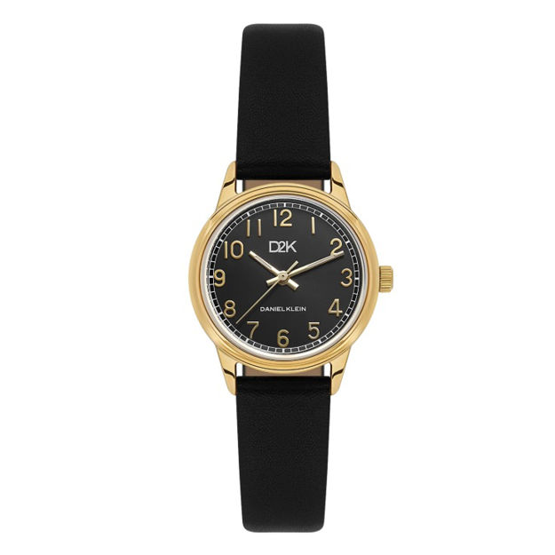 Daniel Klein D2K dameur i forgylt stål med svart skive og svart rem, 3 ATM 28mm