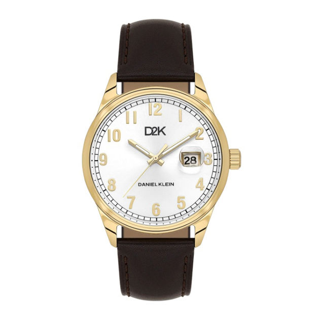 Daniel Klein D2K herreur i forgylt stål med brun rem & sølvfarget skive 5 ATM 42mm