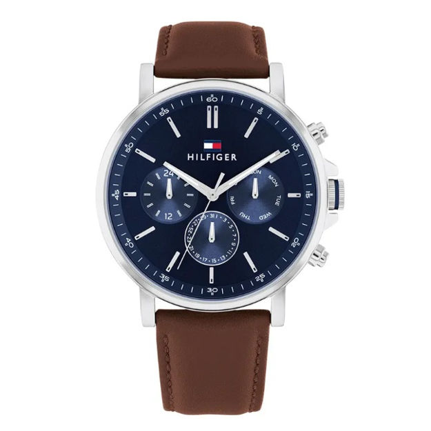 Tommy Hilfiger herreur stål 50M svart skive & brun skinn rem 38mm