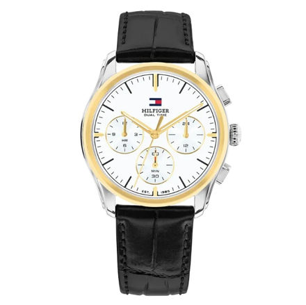 Tommy Hilfiger herreur gull & stål 50M hvit skive & svart skinn rem 38mm