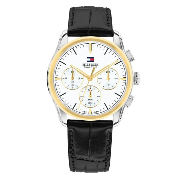 Tommy Hilfiger herreur gull & stål 50M hvit skive & svart skinn rem 38mm