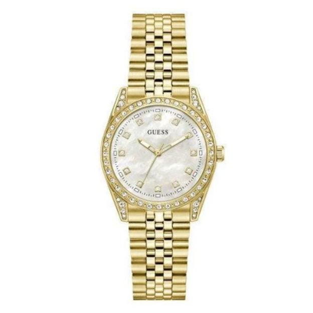 Guess Ladies Dress stål & gull  34mm 30 ATM hvit skive med steiner og lenke