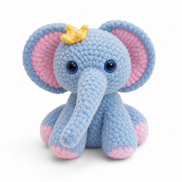 Lille Venn lysblå heklet elefant med rosa detaljer og gul krone 11,5cm