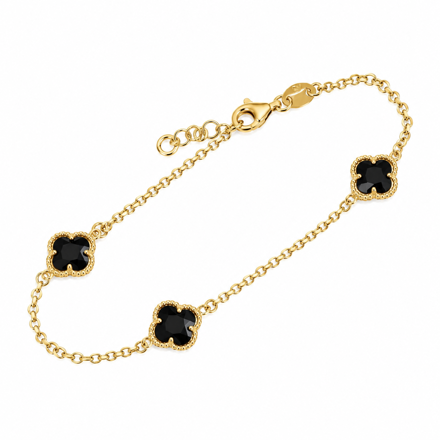 Forgylt sølv armbånd kløver sort zircon 17+2cm