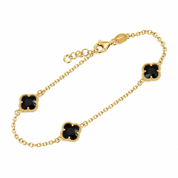 Forgylt sølv armbånd kløver sort zircon 17+2cm