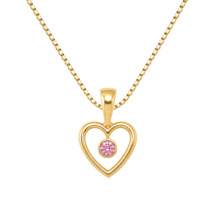 Lille Venn forgylt sølv halssmykke 7mm åpent hjerte med rosa zircon 34+2cm